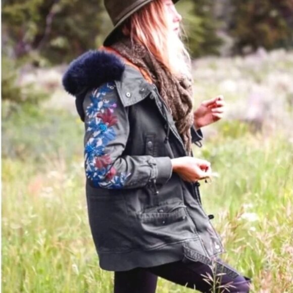 Free People Follow Me Close Parka Size L Olive Green Embroidered Women's Jacket - Picture 2 of 16